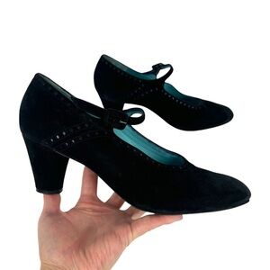 Thierry Rabotin Black Suede Leather Mary Jane Heels Pumps Made in Italy Size 41